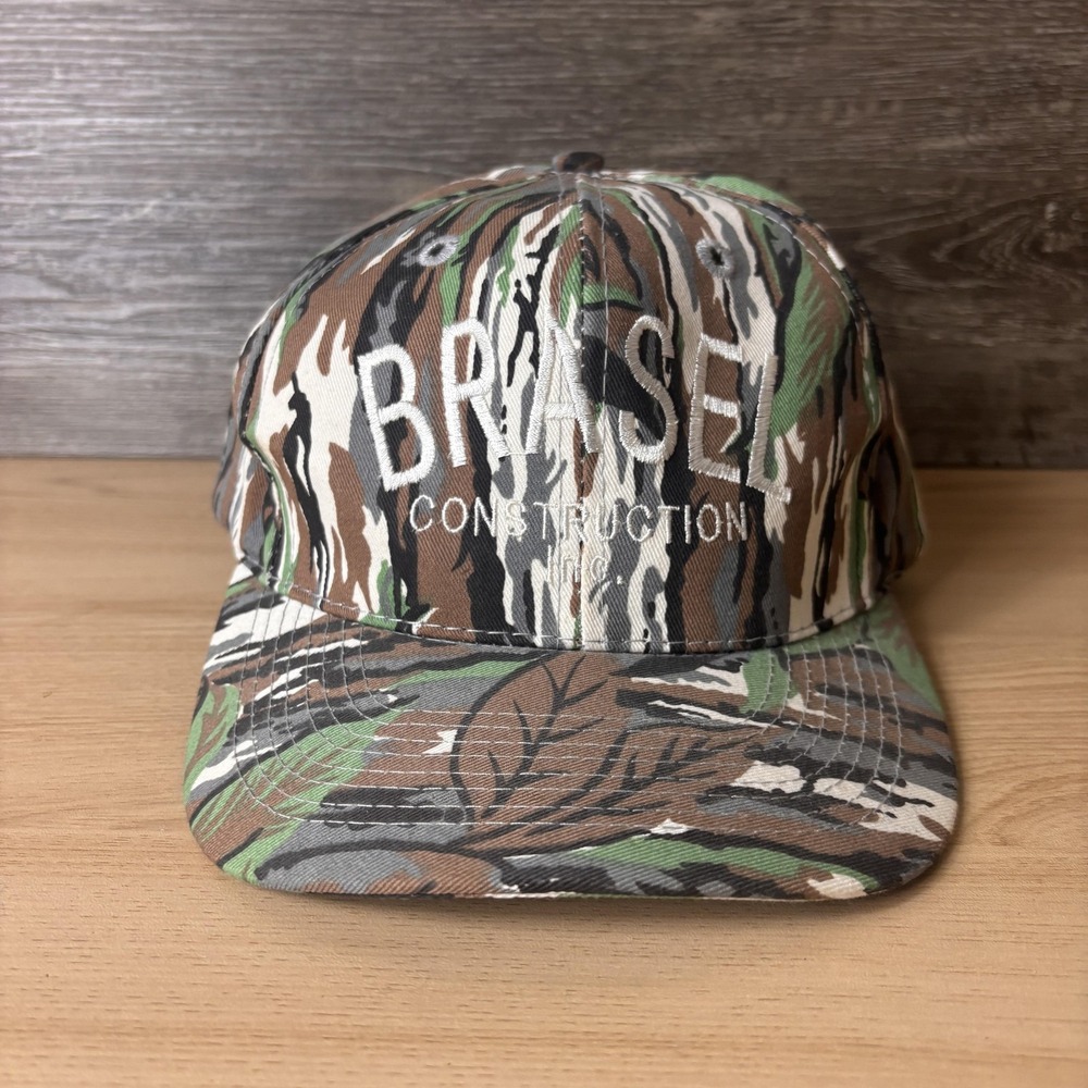Vintage Brasel Construction Hat Cap Snap Back Camo Camouflage Embroidered Mens